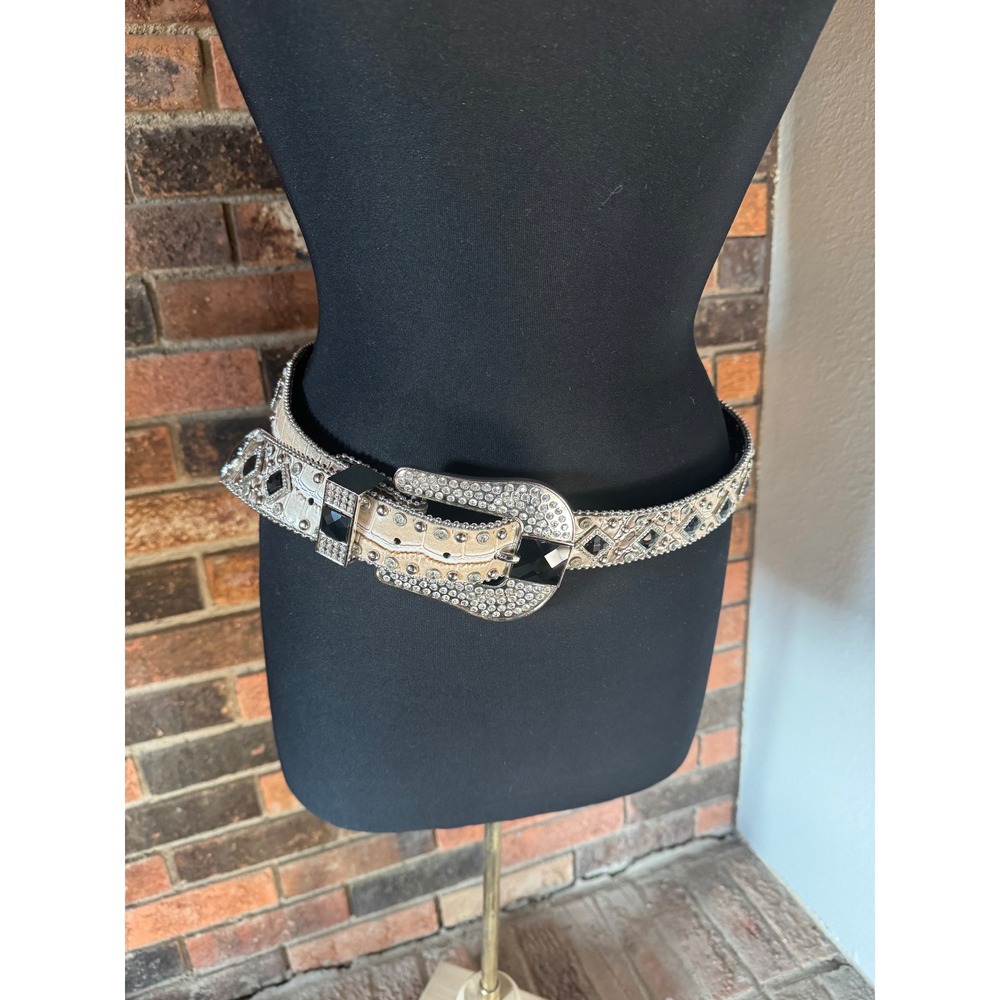Nocona Womens Western Belt Rhinestone‎ Black Studded Faux Croc Cream N3419008 XL